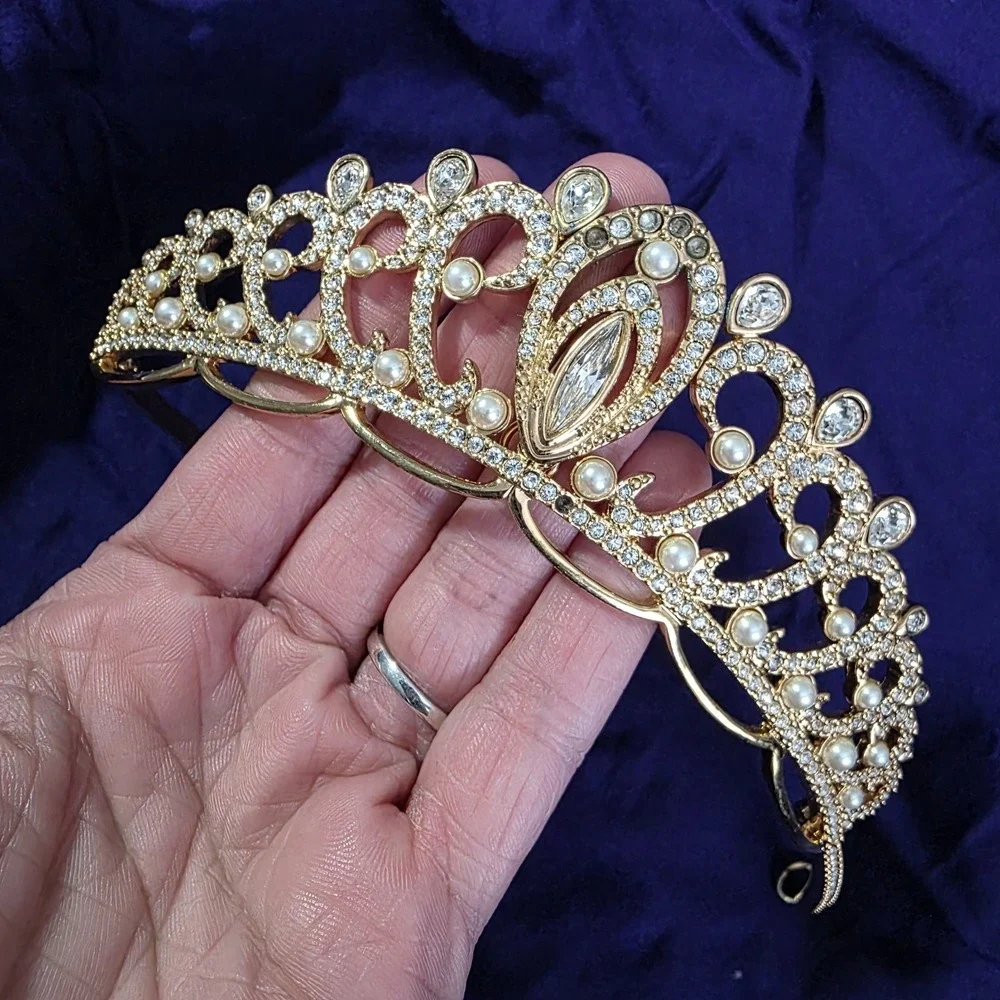 Vintage Swarovski Crystal Crown Tiara Gold Tone Faux Pearls Princess Prom Bride